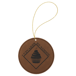 Dark Brown Gold Laserable Leatherette Round Ornament with String