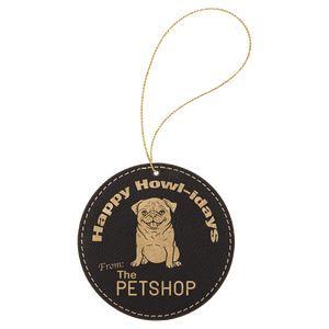 Black/Gold Gold Laserable Leatherette Round Ornament with String