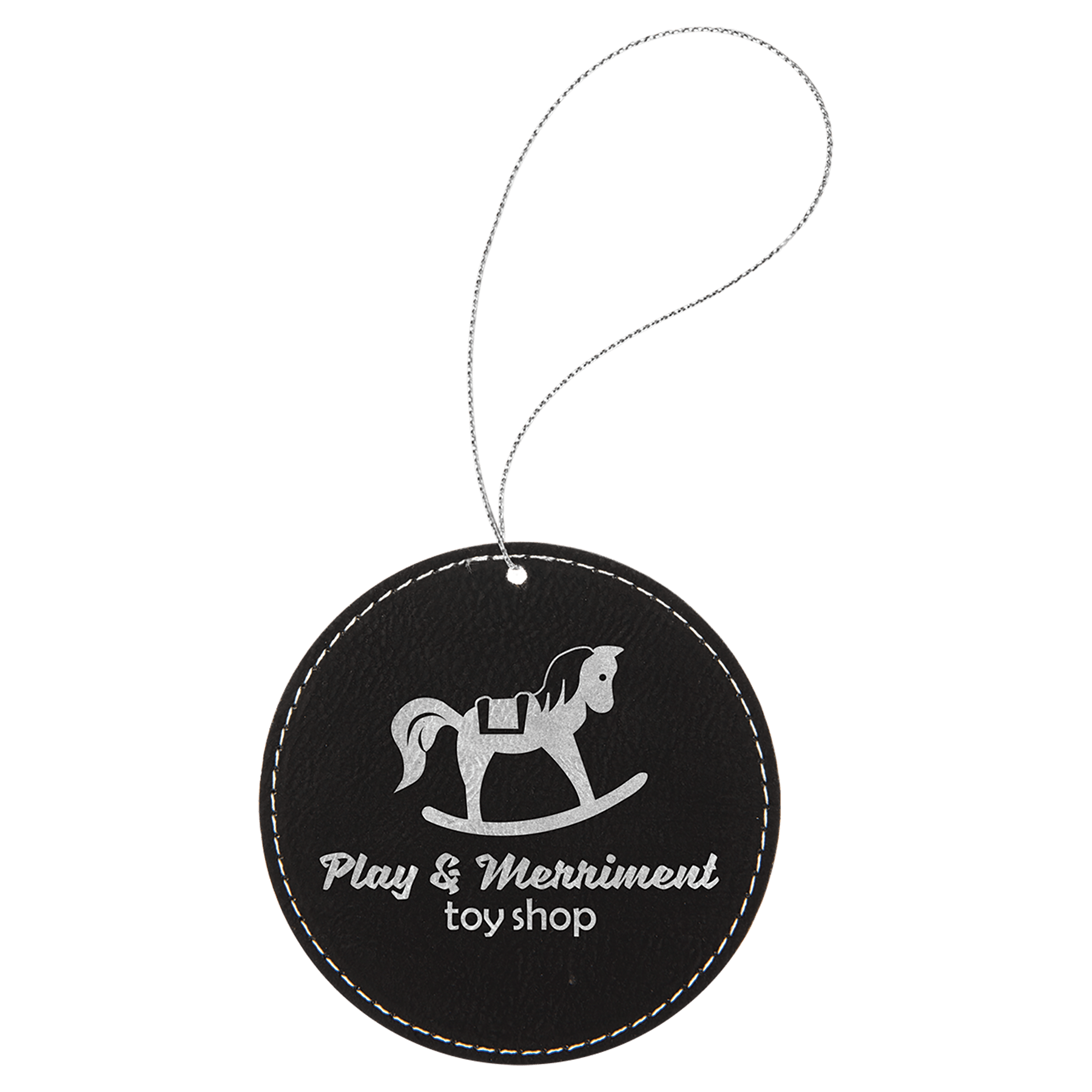 Black/Silver Silver Laserable Leatherette Round Ornament with String
