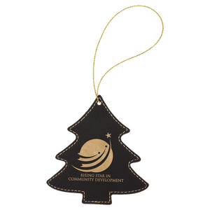 Black/Gold Gold Laserable Leatherette Tree Ornament with String