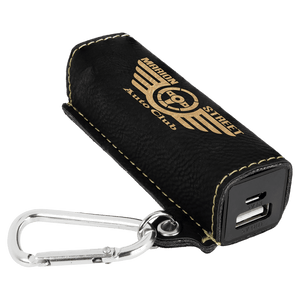 Black/Gold Laserable Leatherette 2200 mAh Power Bank with USB Cord