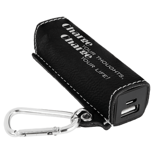 Black/Silver Laserable Leatherette 2200 mAh Power Bank with USB Cord