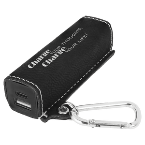 Black/Silver Laserable Leatherette 2200 mAh Power Bank with USB-C Cord