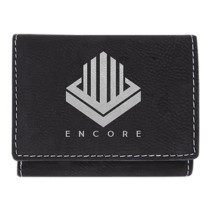 Black/Silver 3" x 4" Laserable Leatherette Trifold Wallet