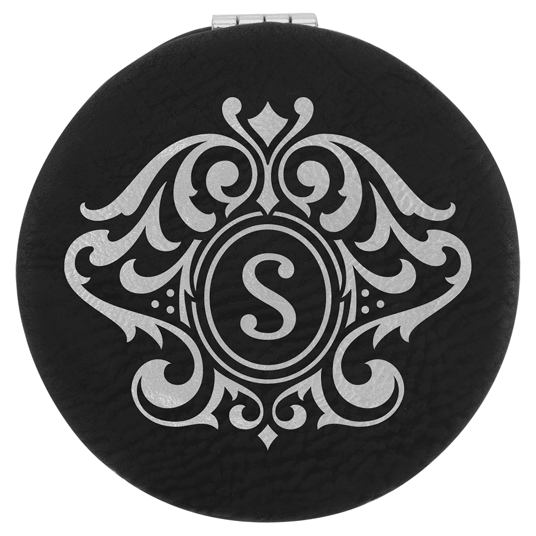 Black/Silver 2 1/2" Laserable Leatherette Compact Mirror