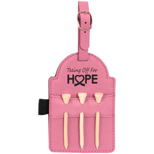 Pink 5" x 3 1/4" Laserable Leatherette Golf Bag Tag with 3 Wooden Tees