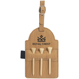 Bamboo 5" x 3 1/4" Laserable Leatherette Golf Bag Tag with 3 Wooden Tees