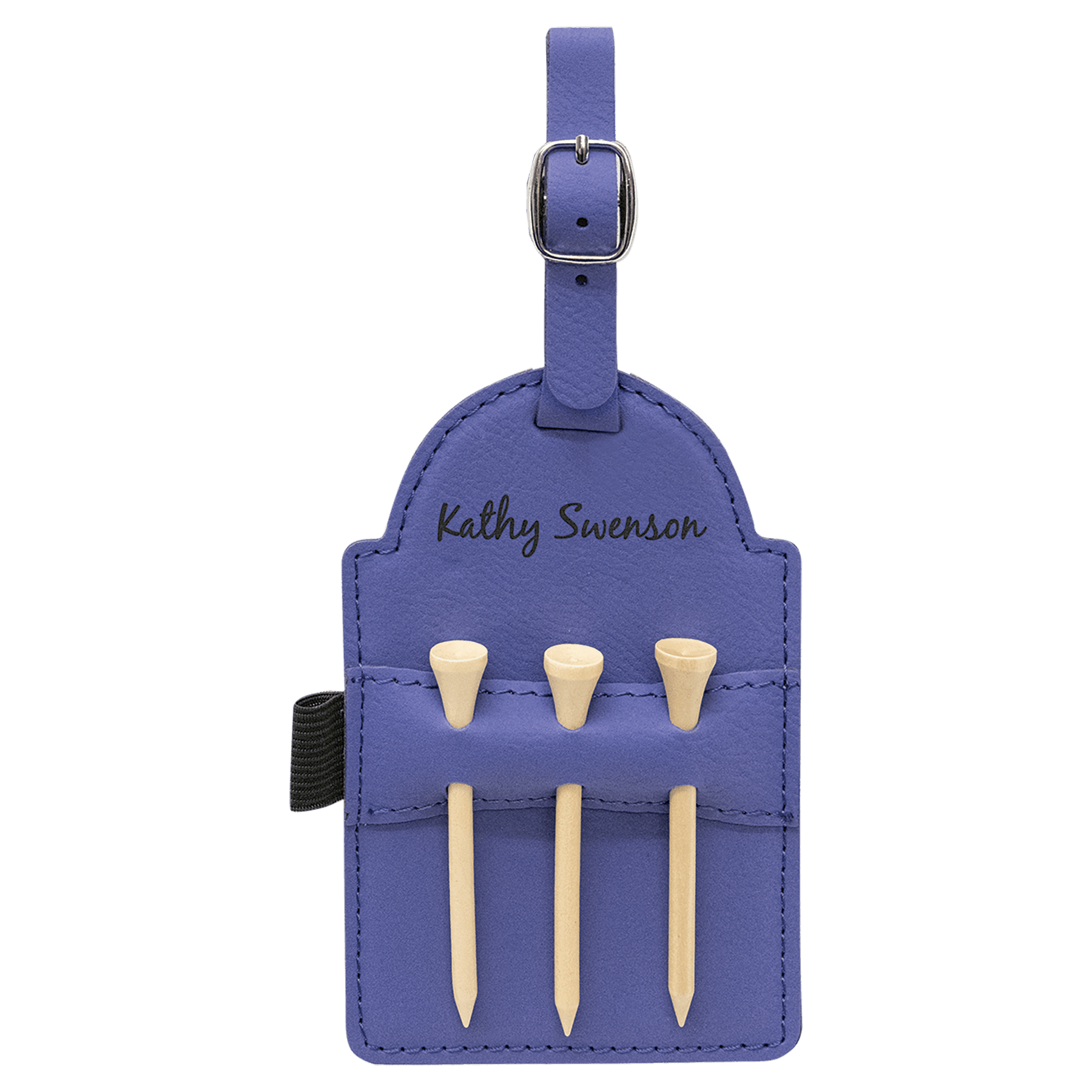 Purple 5" x 3 1/4" Laserable Leatherette Golf Bag Tag with 3 Wooden Tees