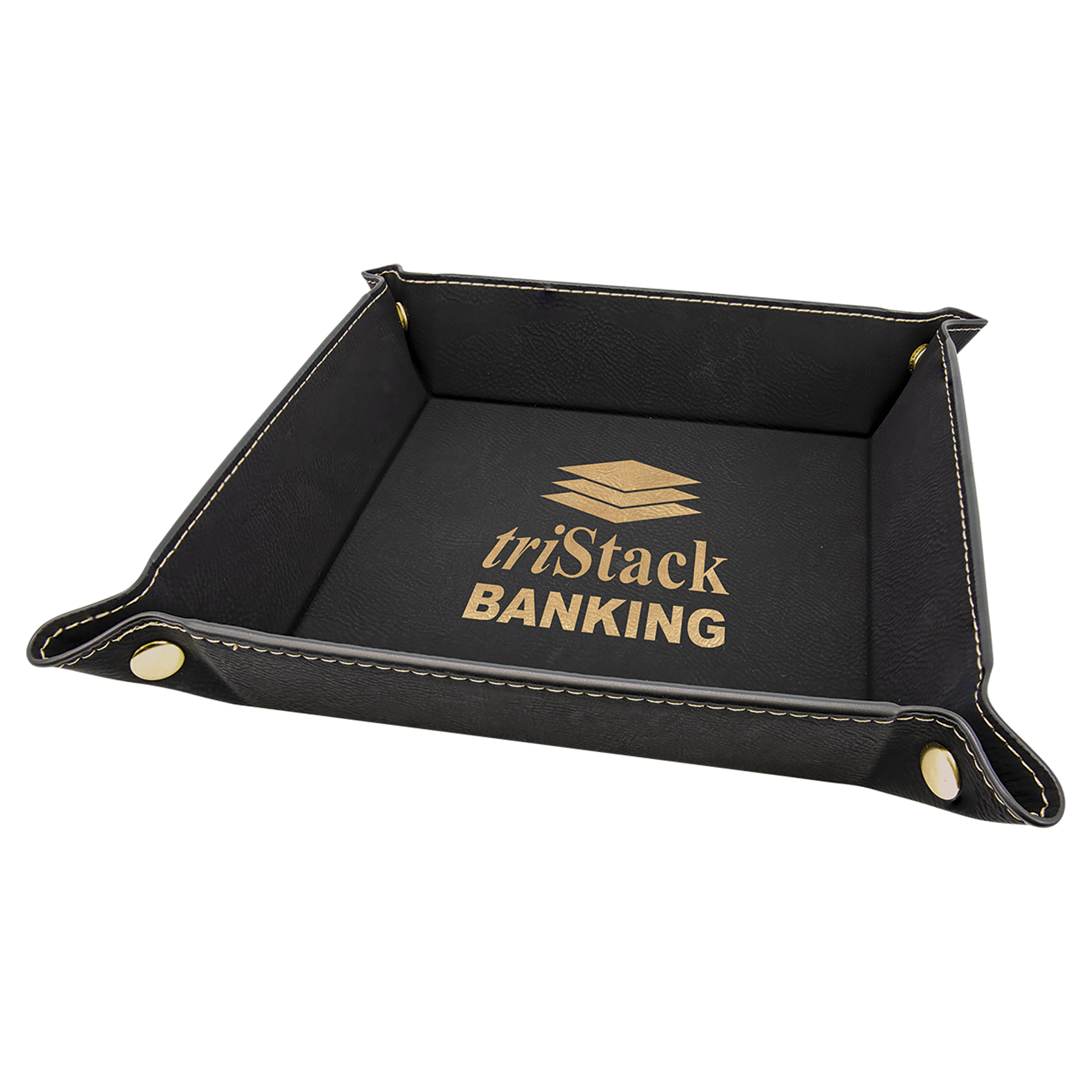 Black/Gold Laserable Leatherette Snap Up Tray with Gold 6" x 6" Snaps