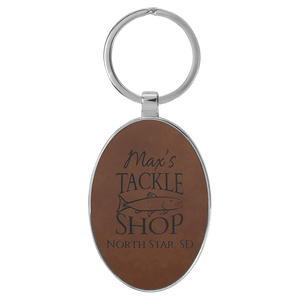 Dark Brown 3" x 1 3/4" Laserable Leatherette/Metal Oval Keychain