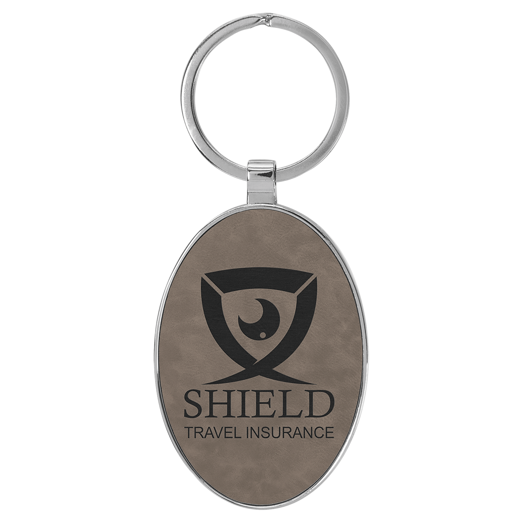 Gray 3" x 1 3/4" Laserable Leatherette/Metal Oval Keychain