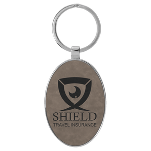 Gray 3" x 1 3/4" Laserable Leatherette/Metal Oval Keychain
