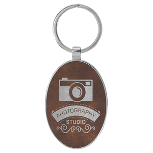 Rustic/Silver 3" x 1 3/4" Laserable Leatherette/Metal Oval Keychain