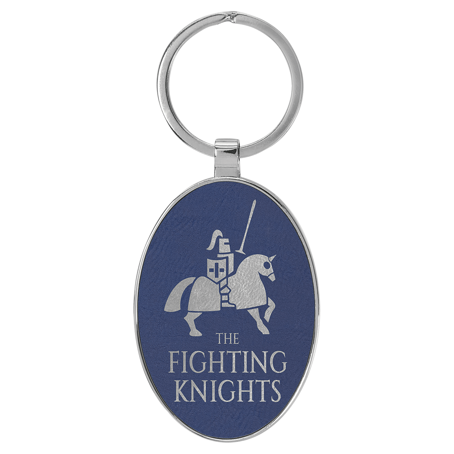 Blue/Silver 3" x 1 3/4" Laserable Leatherette/Metal Oval Keychain