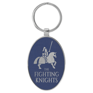 Blue/Silver 3" x 1 3/4" Laserable Leatherette/Metal Oval Keychain