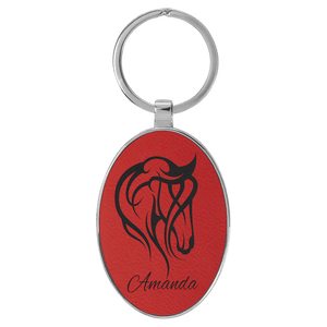 Red 3" x 1 3/4" Laserable Leatherette/Metal Oval Keychain
