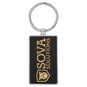 Black/Gold 2 3/4" x 1 1/4" Laserable Leatherette/Metal Rectangle Keychain