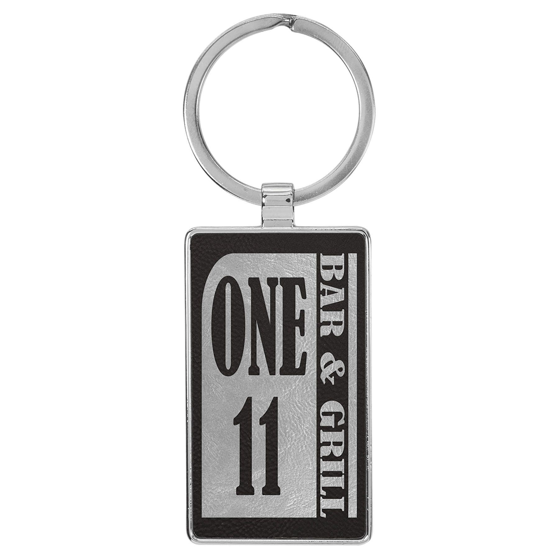 Black/Silver 2 3/4" x 1 1/4" Laserable Leatherette/Metal Rectangle Keychain