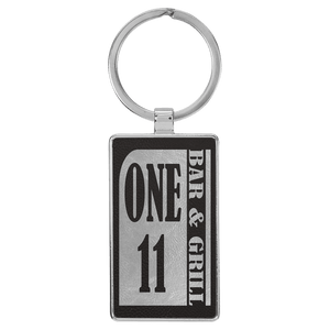Black/Silver 2 3/4" x 1 1/4" Laserable Leatherette/Metal Rectangle Keychain