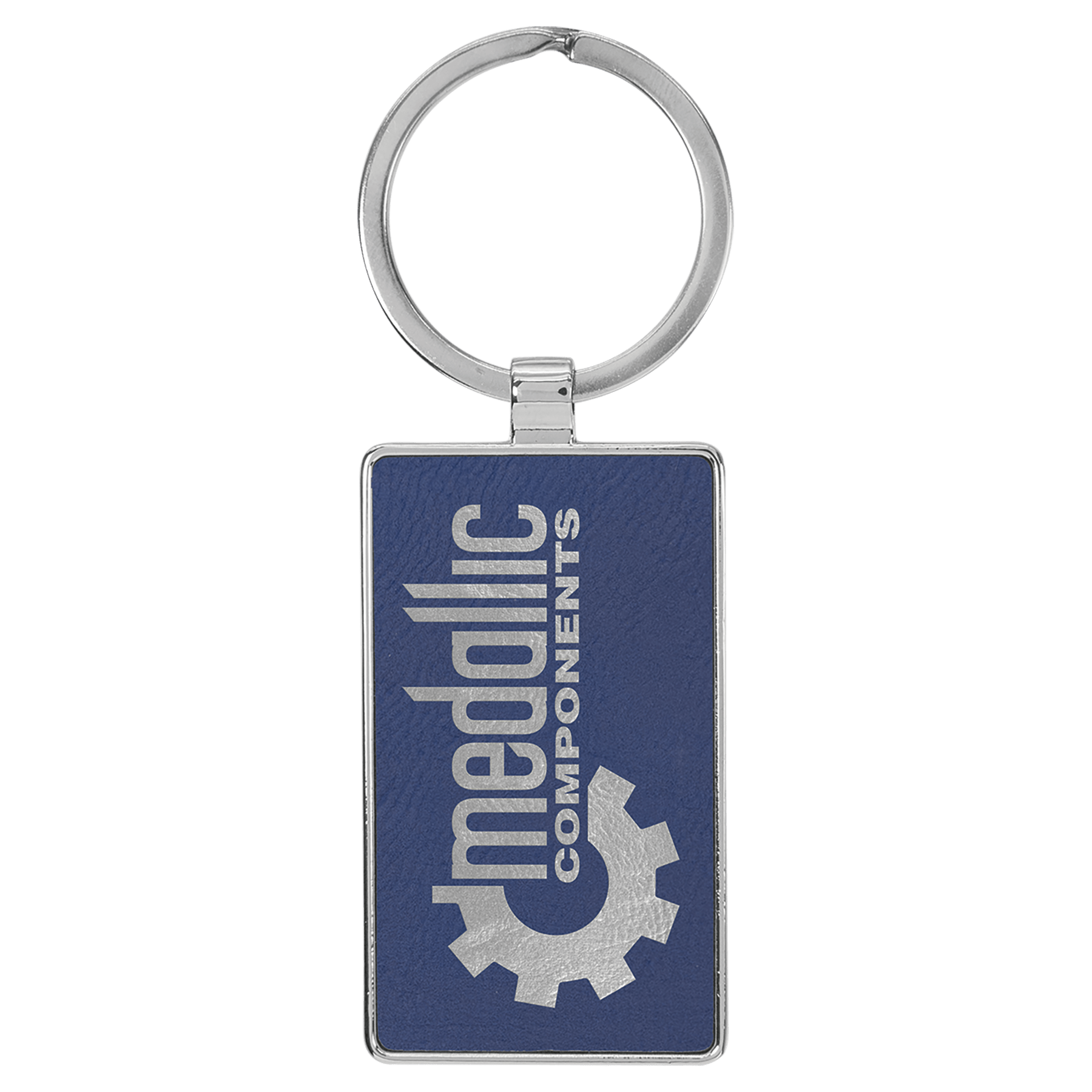 Blue/Silver 2 3/4" x 1 1/4" Laserable Leatherette/Metal Rectangle Keychain
