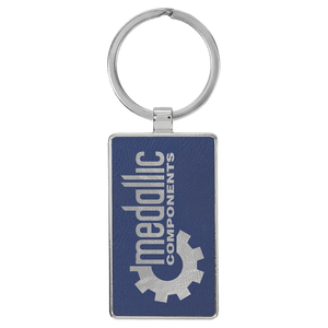 Blue/Silver 2 3/4" x 1 1/4" Laserable Leatherette/Metal Rectangle Keychain