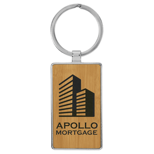 Bamboo 2 3/4" x 1 1/4" Laserable Leatherette/Metal Rectangle Keychain