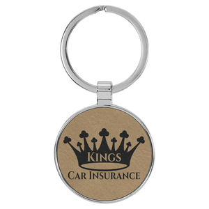 Light Brown 1 1/2" Laserable Leatherette/Metal Round Keychain