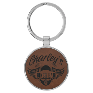 Dark Brown 1 1/2" Laserable Leatherette/Metal Round Keychain