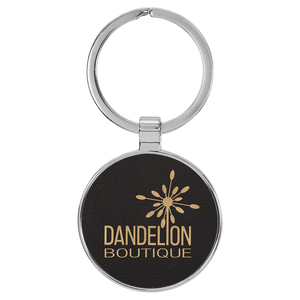 Black/Gold 1 1/2" Laserable Leatherette/Metal Round Keychain