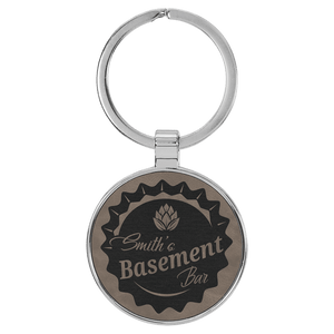 Gray 1 1/2" Laserable Leatherette/Metal Round Keychain
