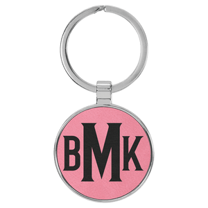 Pink 1 1/2" Laserable Leatherette/Metal Round Keychain