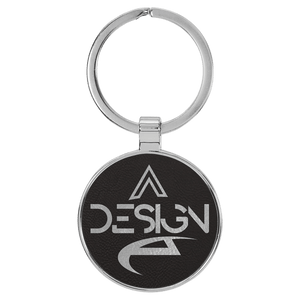 Black/Silver 1 1/2" Laserable Leatherette/Metal Round Keychain