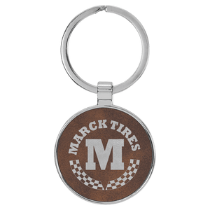 Rustic/Silver 1 1/2" Laserable Leatherette/Metal Round Keychain