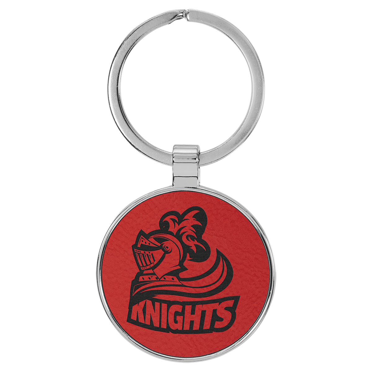 Red 1 1/2" Laserable Leatherette/Metal Round Keychain