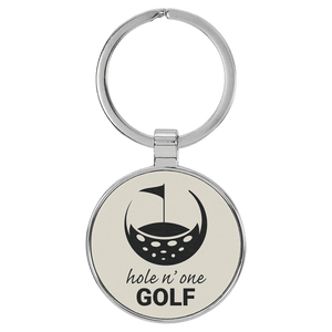 White 1 1/2" Laserable Leatherette/Metal Round Keychain
