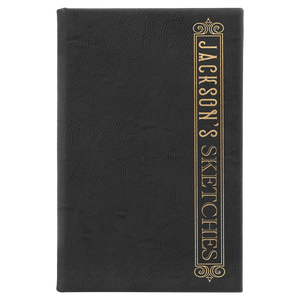 Black/Gold 5 1/4" x 8 1/4" Laserable Leatherette Sketch Book with Unlined Notepad