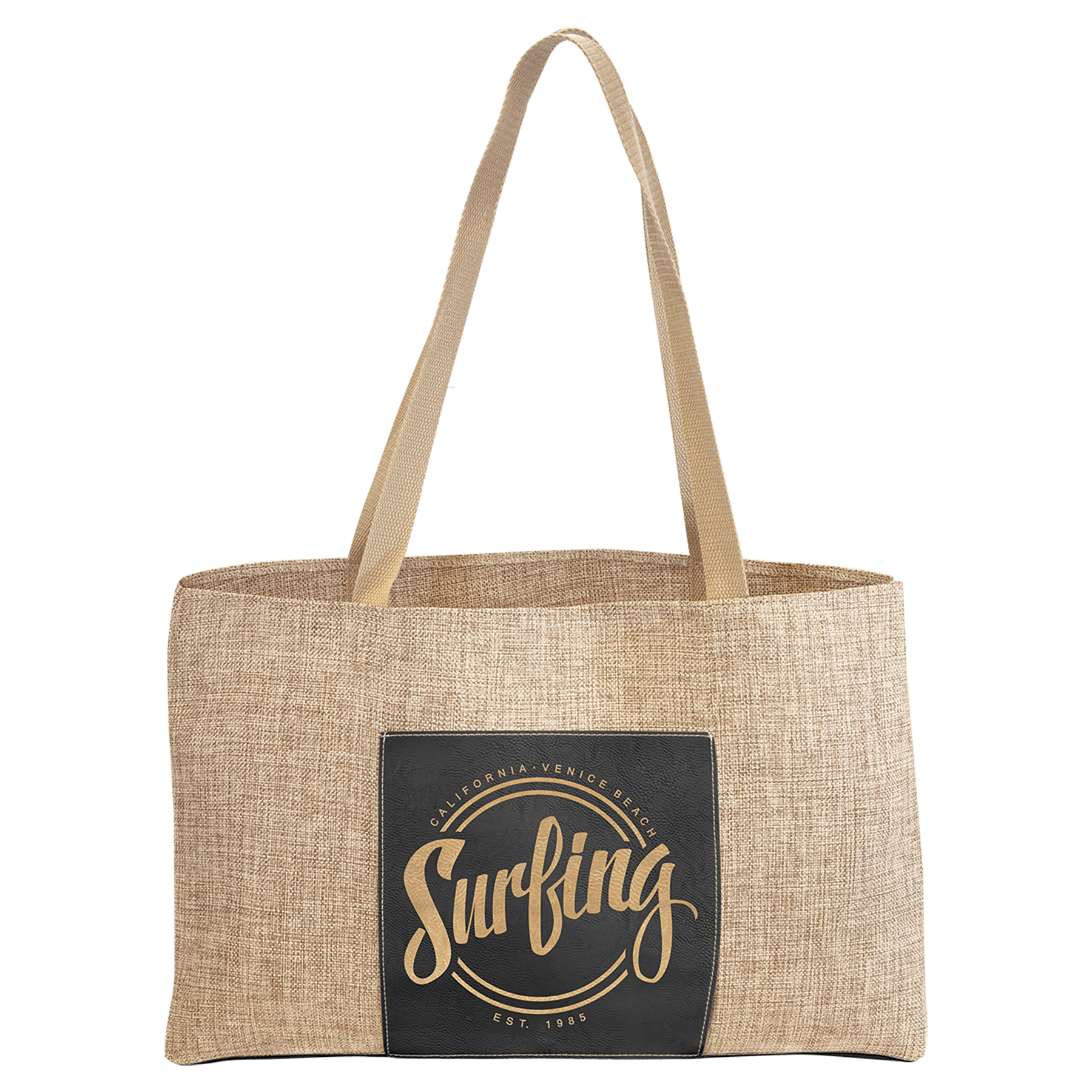 Black/Gold 19" x 12" Burlap Bag with 5" Laserable Leatherette Gusset