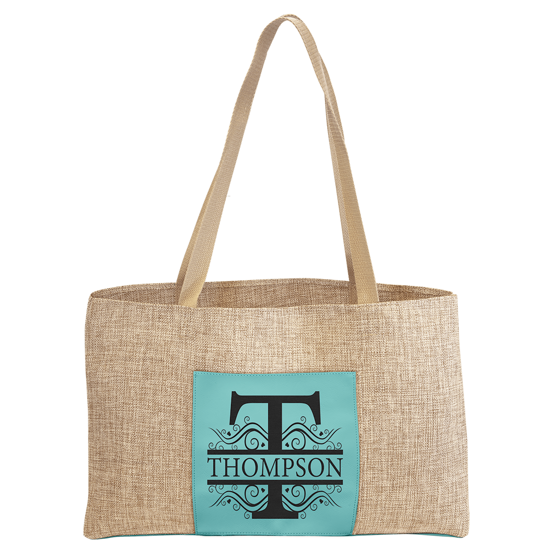 Teal 19" x 12" Burlap Bag with 5" Laserable Leatherette Gusset