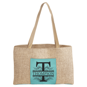 Teal 19" x 12" Burlap Bag with 5" Laserable Leatherette Gusset