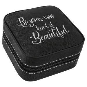 Black/Silver 4" X 4" Laserable Leatherette Travel Jewelry Box with Tan Lining