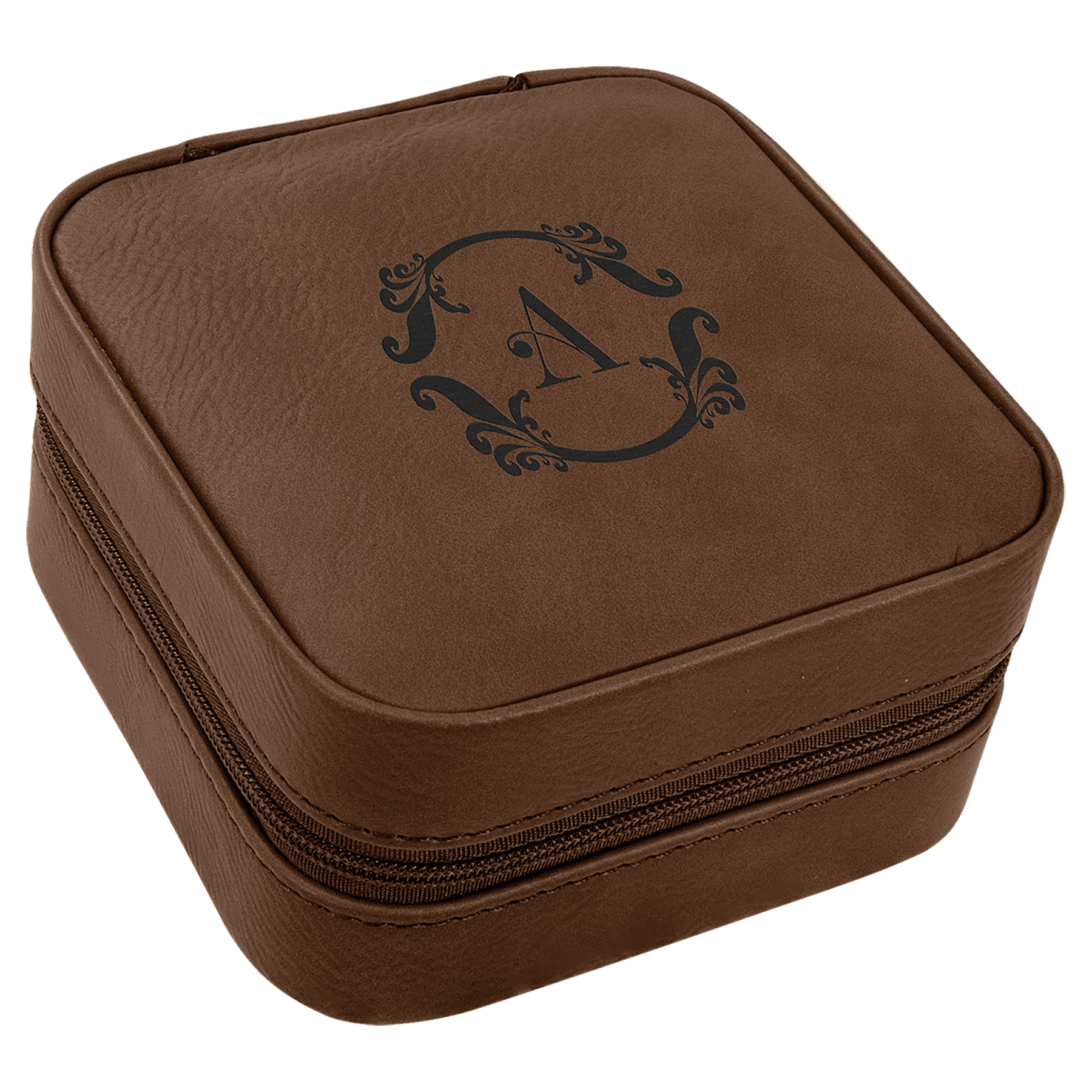 Dark Brown Laserable Leatherette Travel Jewelry Box with Black 4" X 4" Lining