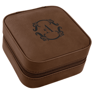 Dark Brown Laserable Leatherette Travel Jewelry Box with Black 4" X 4" Lining