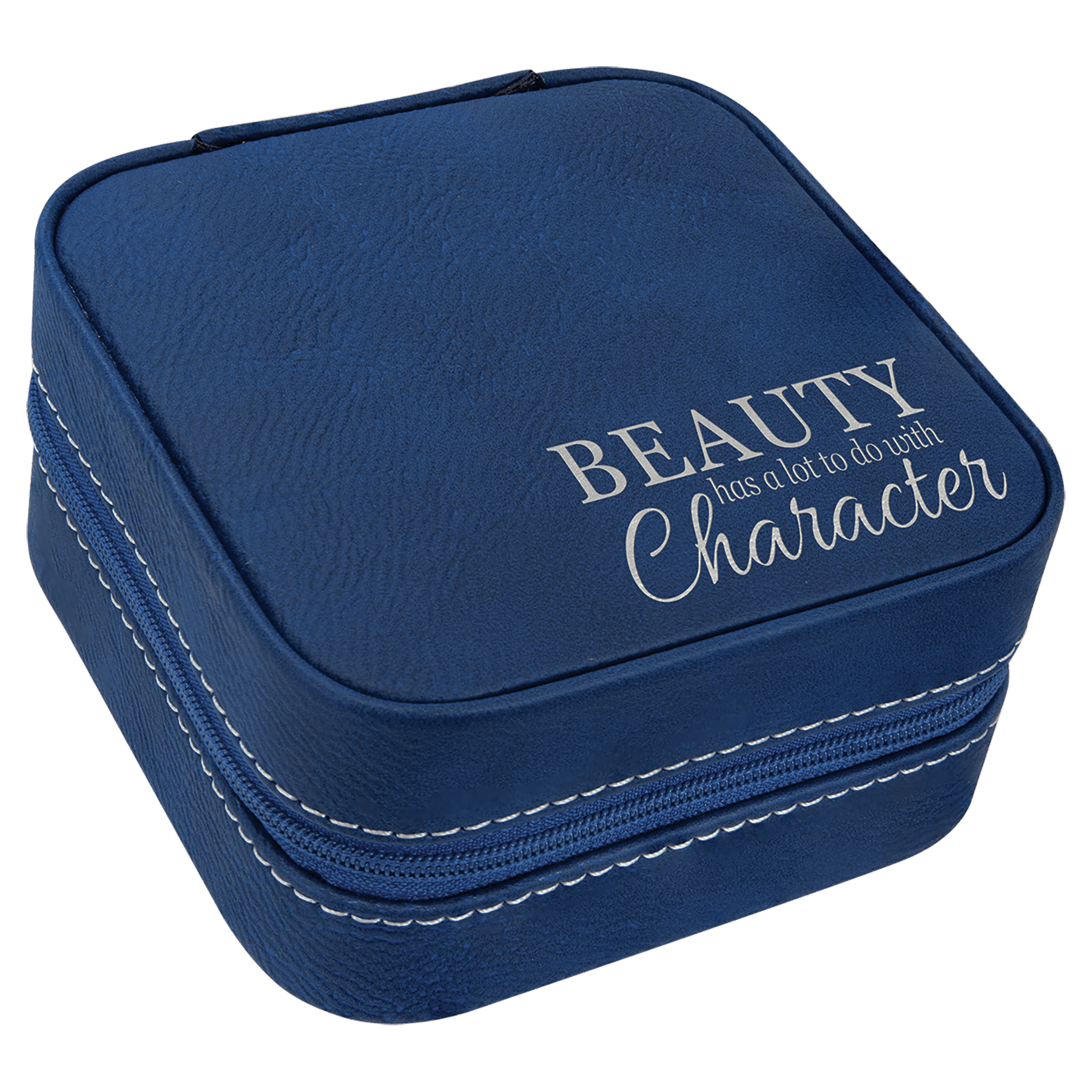 Blue/Silver Laserable Leatherette Travel Jewelry Box with Black 4" X 4" Lining