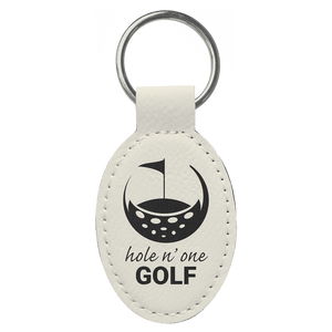 White 3" x 1 3/4" Laserable Leatherette Oval Keychain