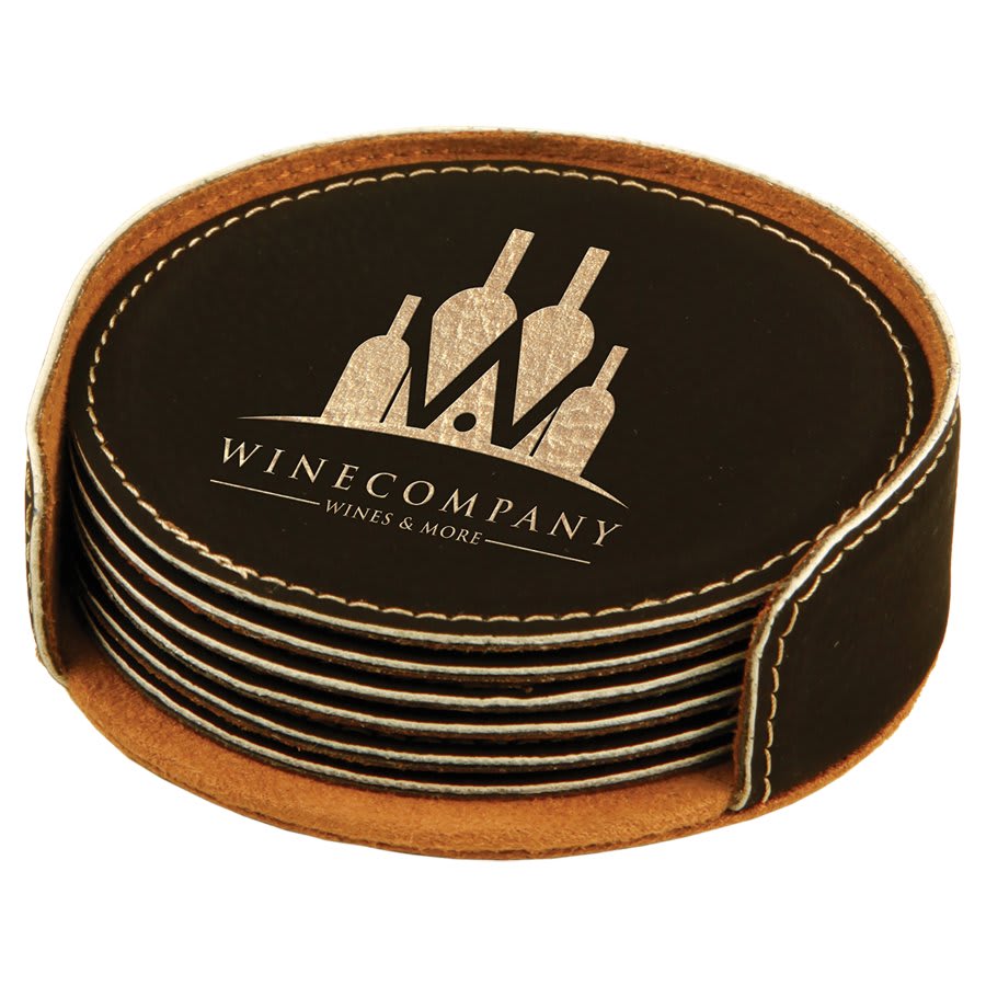 Black/Gold 4" Round Laserable Leatherette 6-Coaster Set