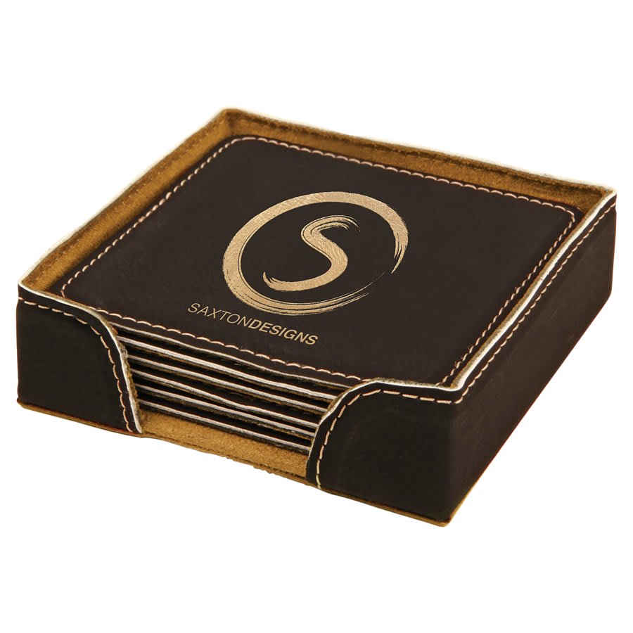 Black/Gold 4" x 4" Square Laserable Leatherette 6-Coaster Set