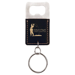 Black/Gold Rectangle Laserable Leatherette Bottle Opener Keychain