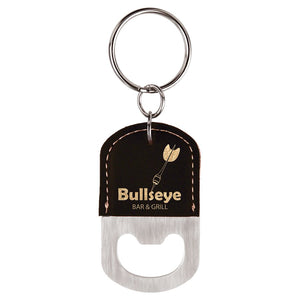 Black/Gold Oval Laserable Leatherette Bottle Opener Keychain