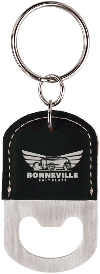 Black/Silver Oval Laserable Leatherette Bottle Opener Keychain