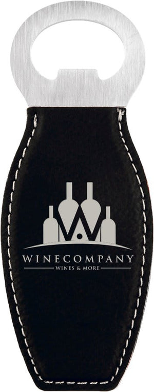 Black/Silver Laserable Leatherette Bottle Opener with Magnet